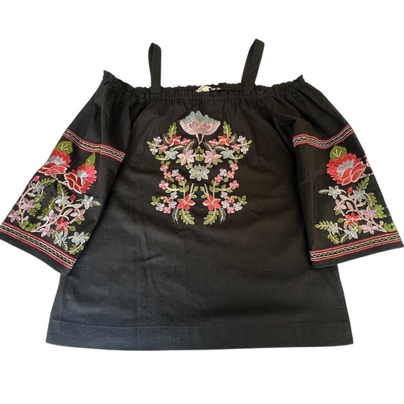 Rebellion Apparel Tops - Rebellion Black Floral Embroidered Off Shoulder Peasant Top Womens L Boho